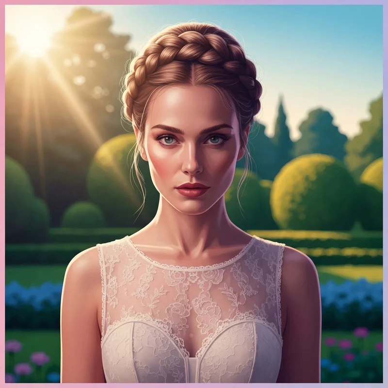 A young woman showcasing a perfectly styled princess braid in a romantic setting.