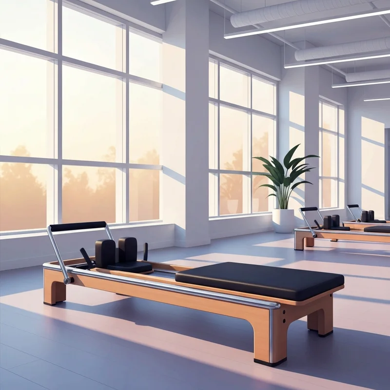 A professional reformer machine inside the studio pilates atlanta West Midtown location.