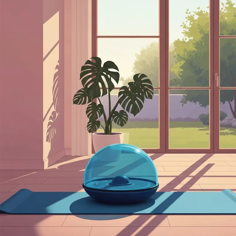 A blue balance trainer prepared for bosu ball pilates exercises in a bright, modern home studio.