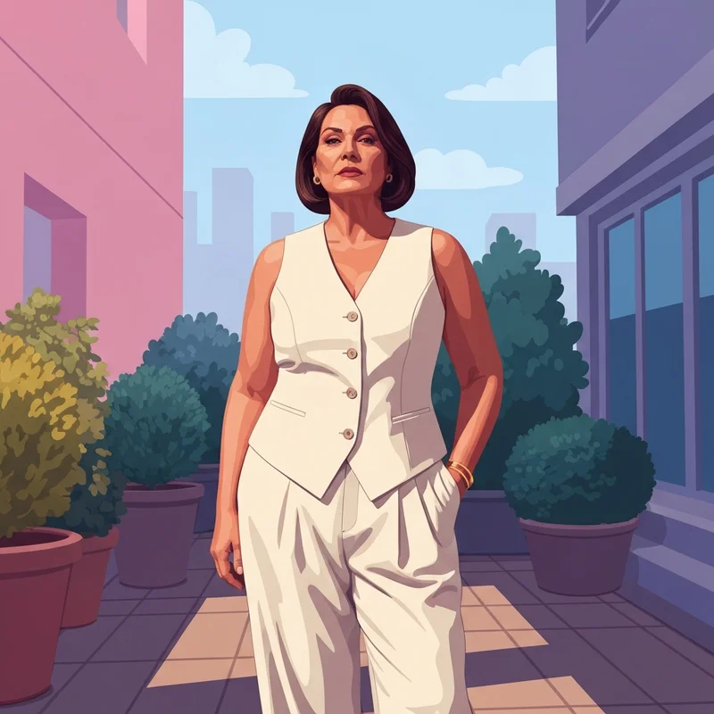 A woman with a curvy silhouette wearing a structured linen vest, demonstrating the chic look of big boobs in no bra.