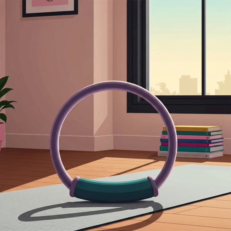 A sleek black pilates magic circle resting on a yoga mat in a sunlit home office studio.