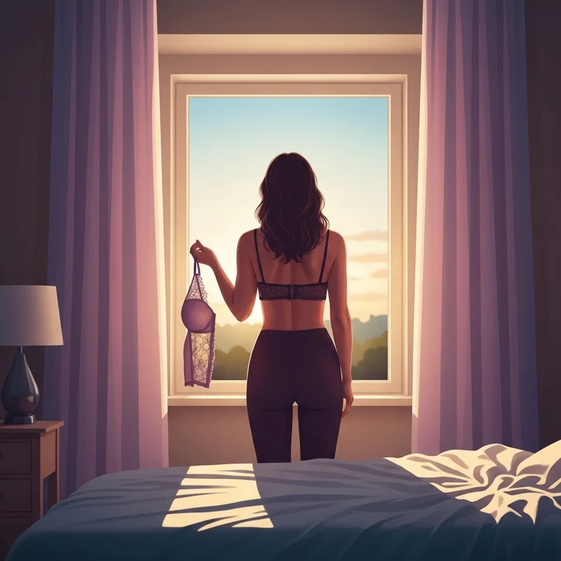 A woman experiencing the relief of being braless while contemplating does wearing a bra cause sagging.