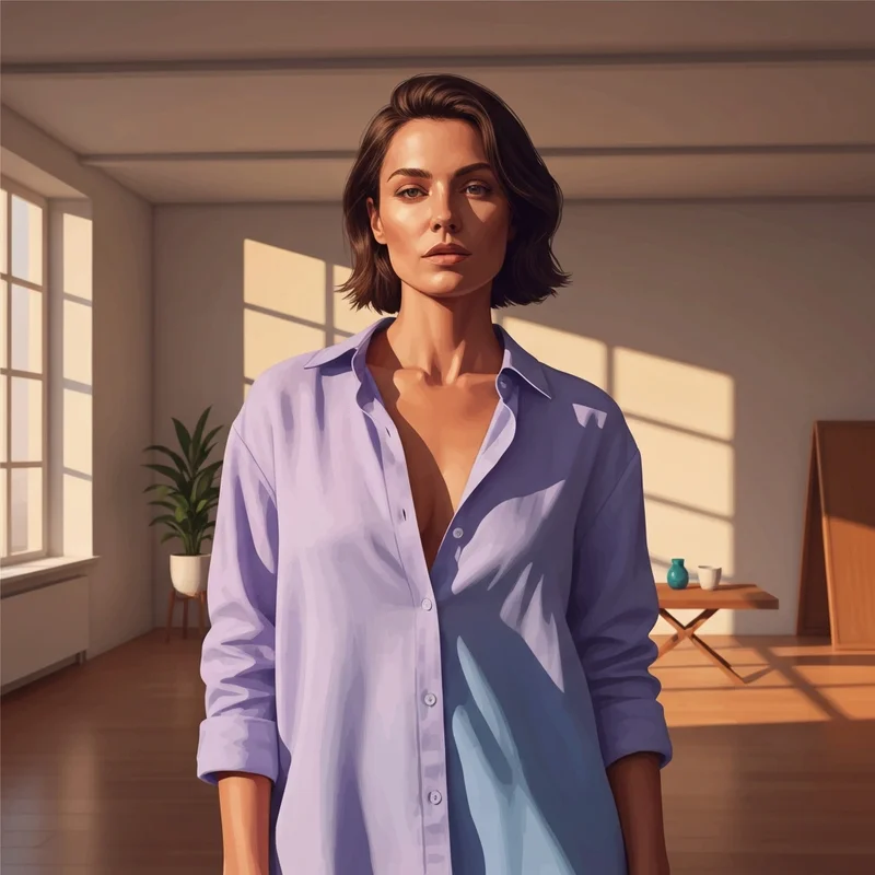 A confident young woman embracing the gif no bra aesthetic in a sun-drenched loft.