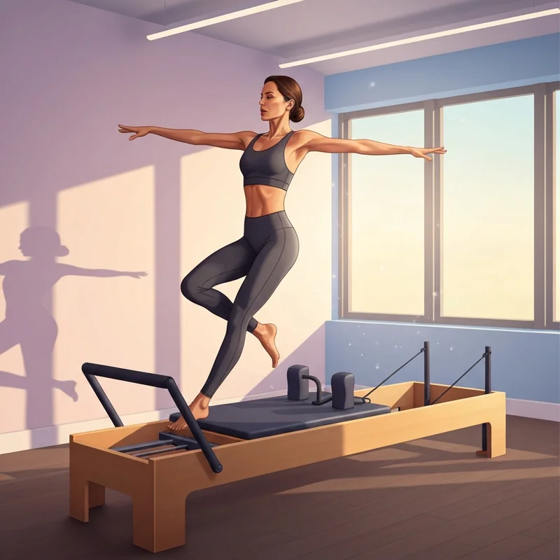 A woman achieving long-term pilates results on a reformer in a sun-drenched minimalist studio.