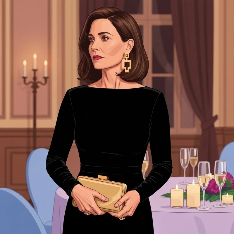 A woman wearing a sophisticated long sleeve black dress for wedding guest attire at an evening reception.