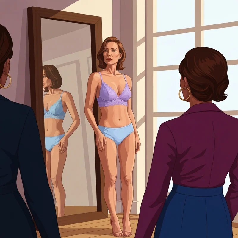 A young woman wearing a perfectly fitting 30a bra that matches her petite frame and adult style.