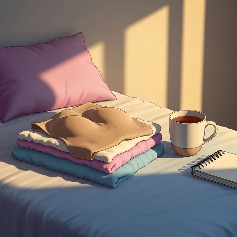 A minimalist display of a beige seamless uniqlo bra on linen sheets, representing comfort and sensory liberation.