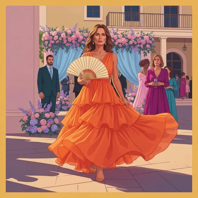 A woman wearing one of the most stylish hot weather wedding guest dresses at an outdoor ceremony.