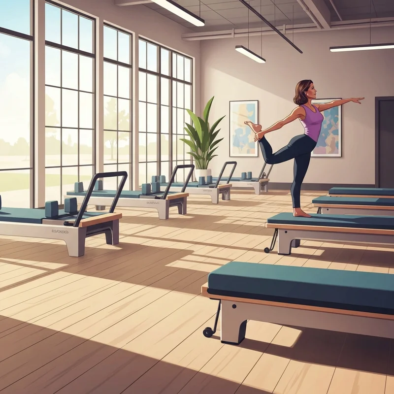 A woman practicing reformer pilates Wichita ks in a bright, modern boutique studio.