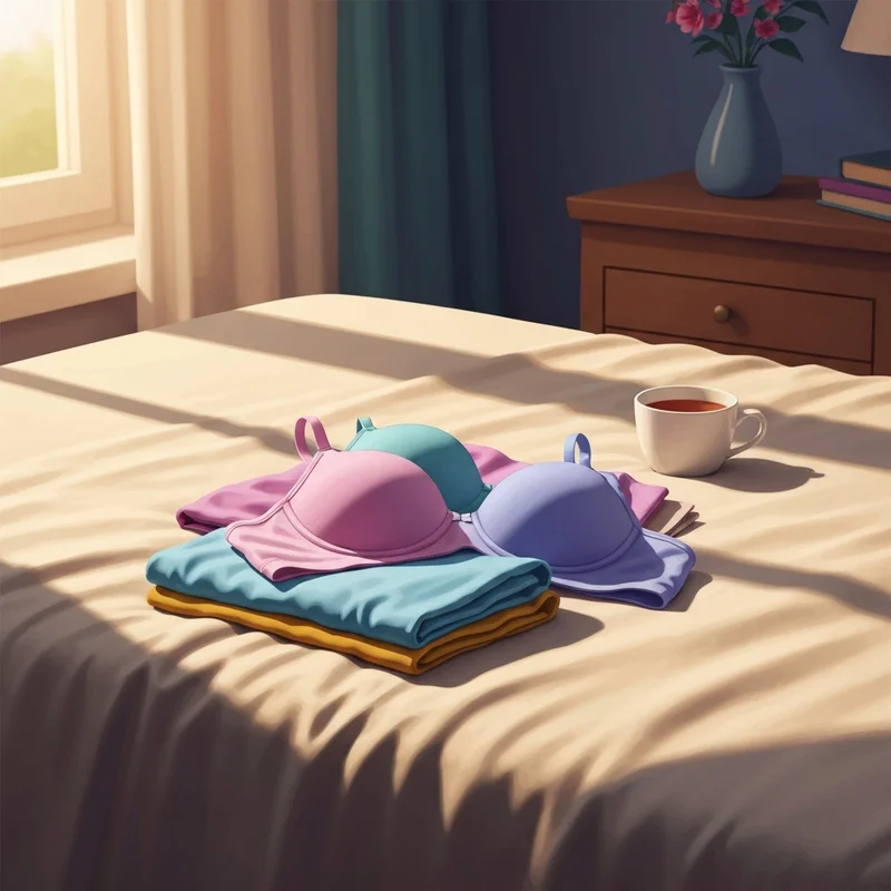 A collection of comfortable fruit of the loom bra styles folded neatly on a bed, representing a stress-free morning routine.