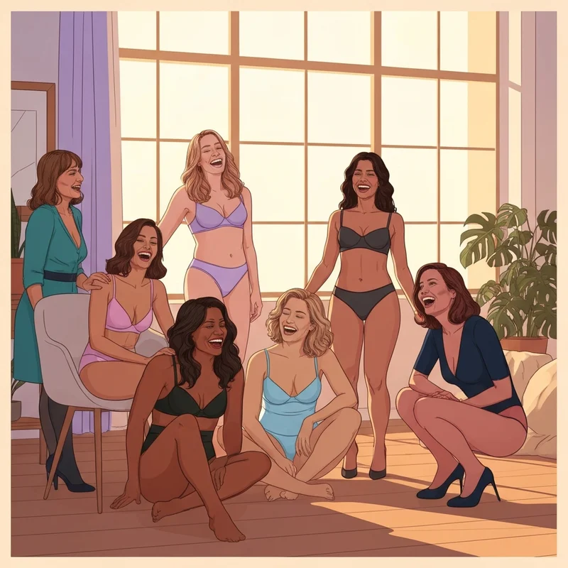 A group of confident young women embracing their unique silhouettes during a bra cup size comparison journey.