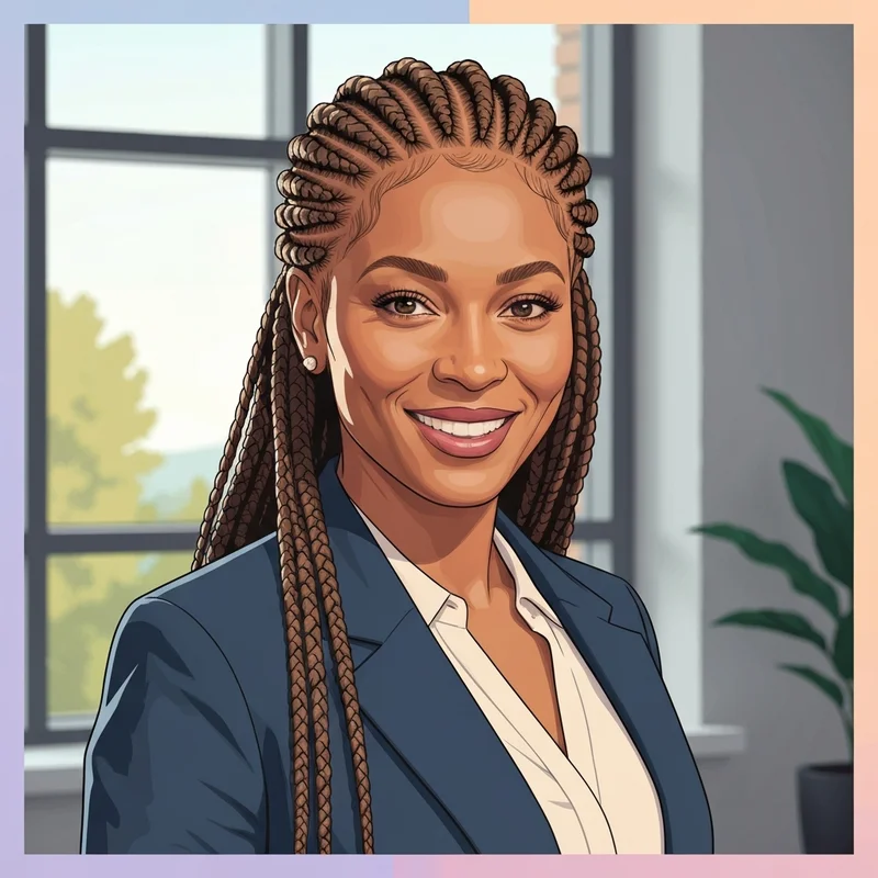 A professional woman showcasing flawless frontal braid hairstyles to protect her edges and boost her confidence.