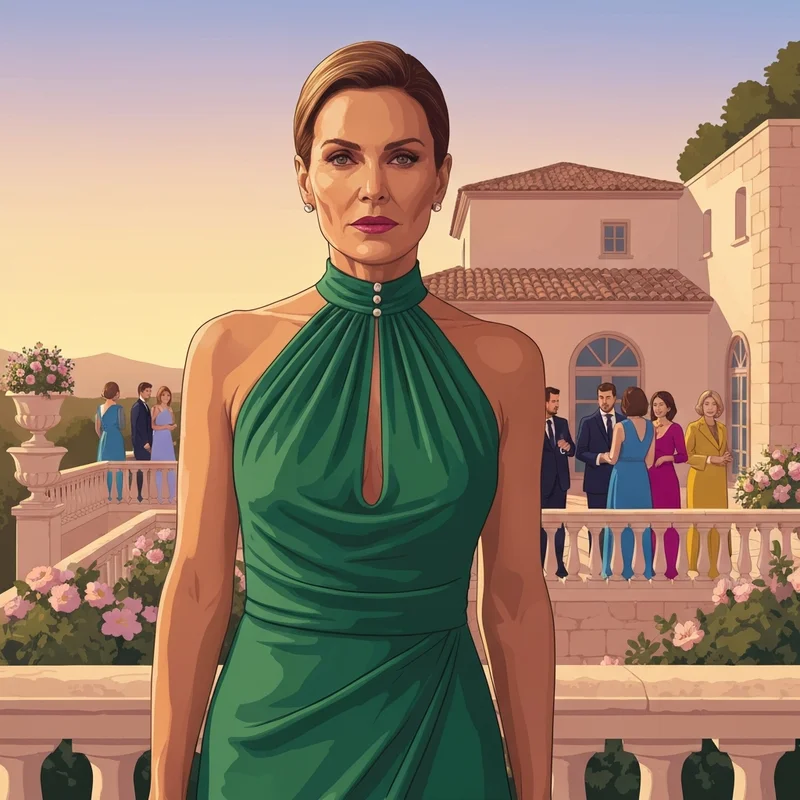 A woman wearing a sophisticated halter top dress for wedding guest elegance at a sunset reception.
