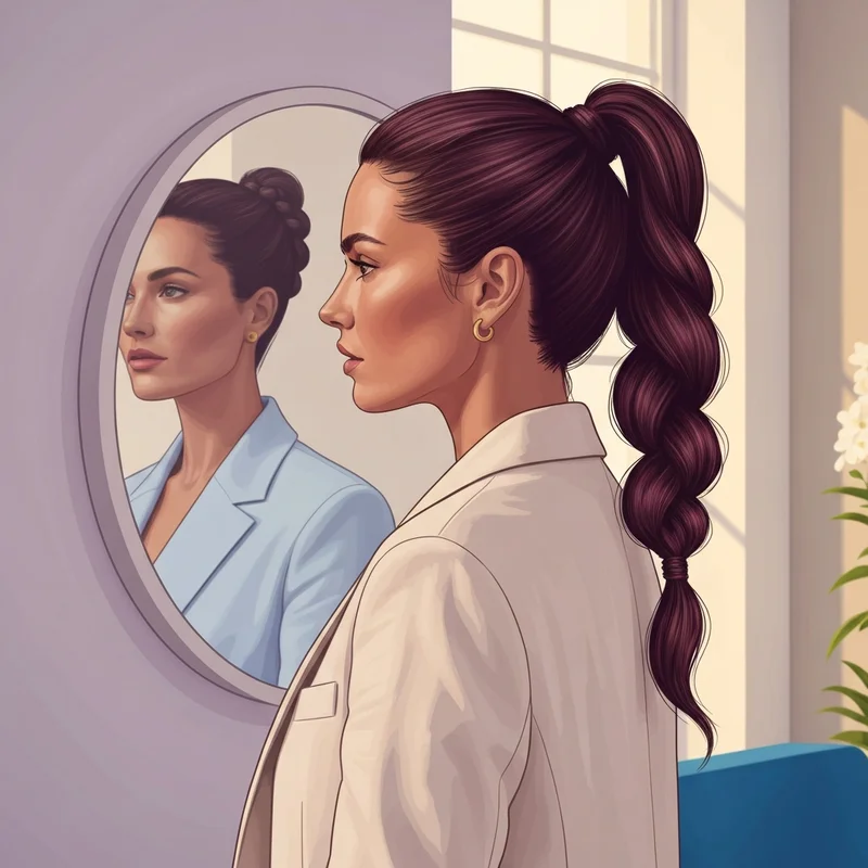 A woman showcasing a perfectly styled french braid and ponytail for a clean girl aesthetic look.