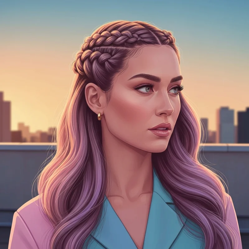 A woman showcasing trendy half up half down braids with soft waves and intricate braiding detail.