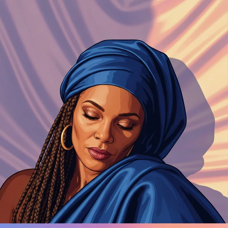 A woman wearing a high-quality satin braid bonnet to protect her box braids while sleeping.