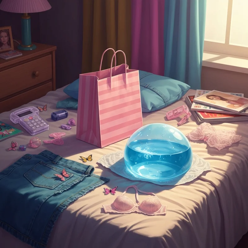 A nostalgic 2000s bedroom scene featuring a liquid-filled water bra 2000s and Y2K fashion accessories.