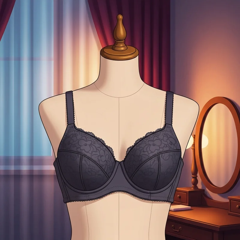 A high-quality 40 dd bra with lace details and wide supportive straps displayed in an elegant dressing room.