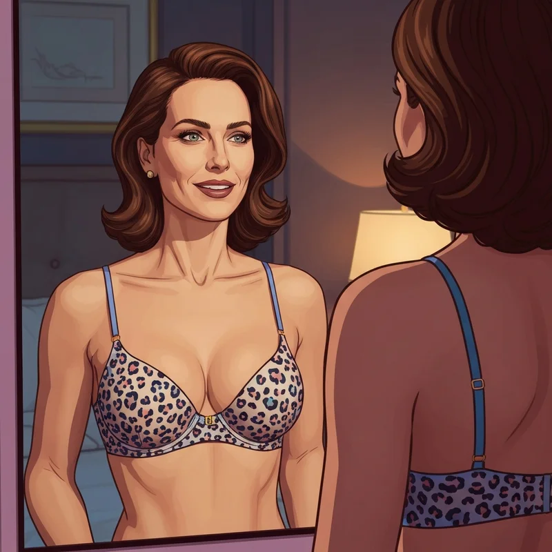 A high-quality animal print bra with gold hardware worn as a confidence-boosting foundation layer.