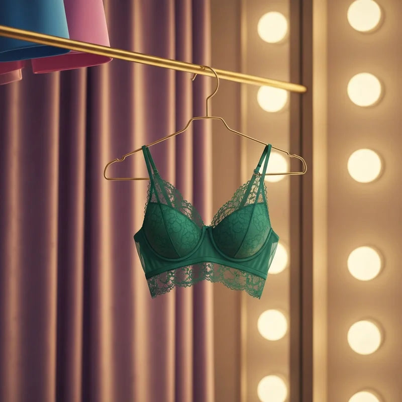 A sophisticated emerald green 28aa bra displayed in a luxury boutique setting.