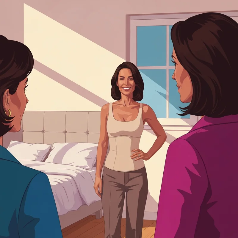 A woman confidently checking her fit in the mirror after learning about american bra sizes.