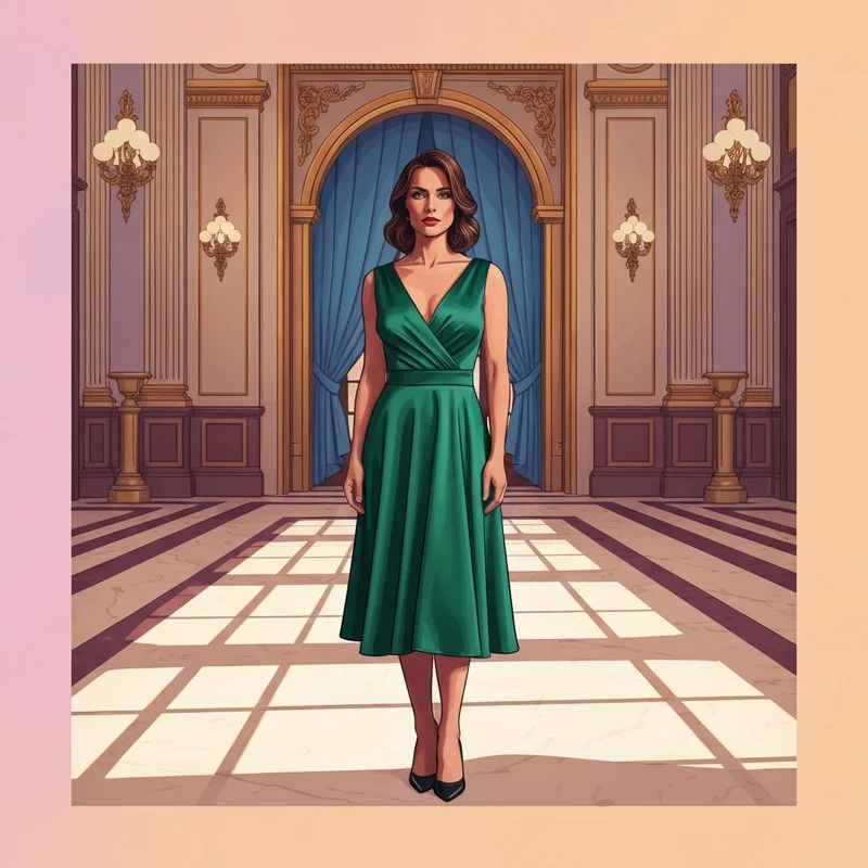 A woman wearing a sophisticated midi formal wedding guest dress in a luxury ballroom setting.