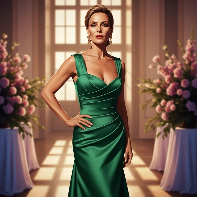 A woman wearing one of the most stunning jewel tone wedding guest dresses in emerald green at a formal event.
