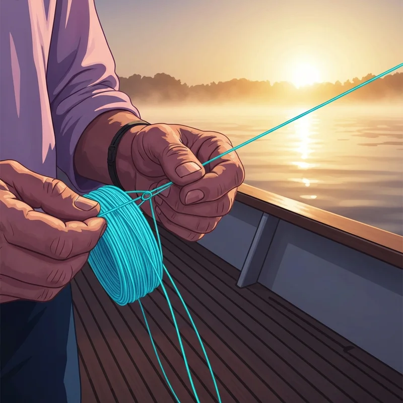 Close-up of an angler tying mono to braid for a secure fishing connection during sunrise.