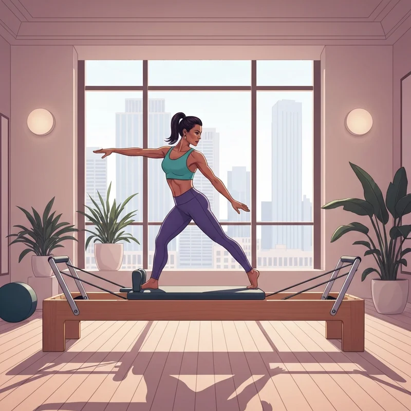 A woman achieving a pilates transformation on a reformer in a luxury studio.