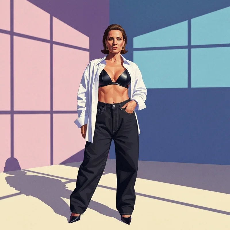 A woman wearing a modern high-fashion outfit featuring a black pointy bra.