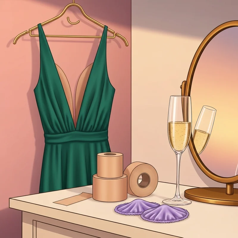 A sophisticated setup for applying a tape bra featuring skin-toned adhesive tape and a backless silk dress.