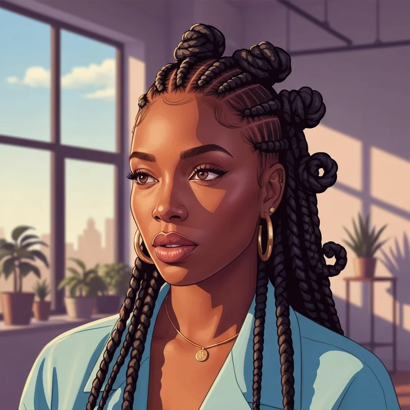 Close up of a young woman with a fresh braid black hairstyle showing intricate parts and glossy extensions.