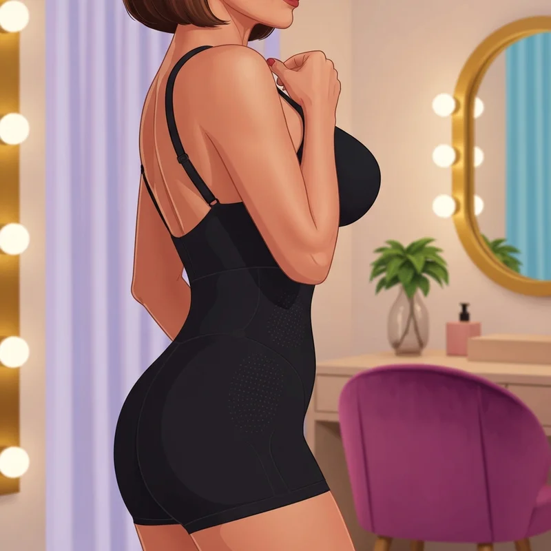 A woman wearing a high-quality shapewear strapless bodysuit in a luxury dressing room setting.