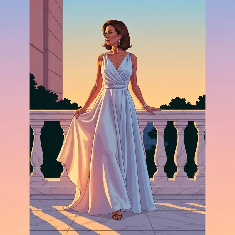 A woman wearing a stunning halter neck maxi dress wedding guest style on a balcony.