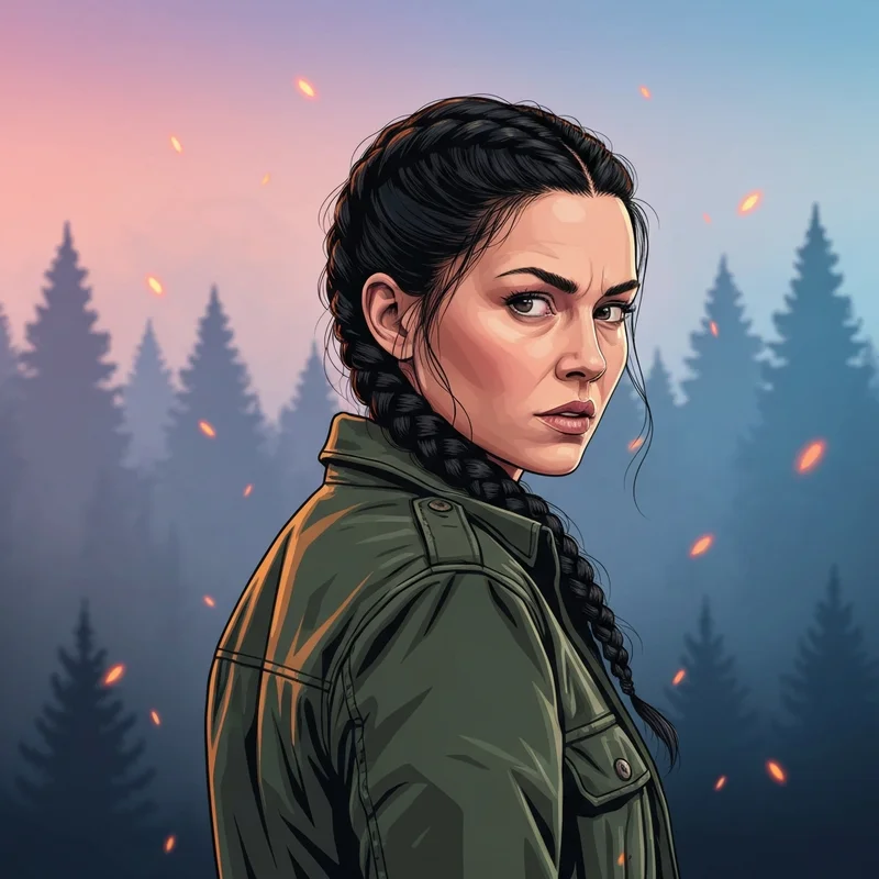 A young woman wearing a sturdy Katniss Everdeen braid looking resilient in a forest setting.