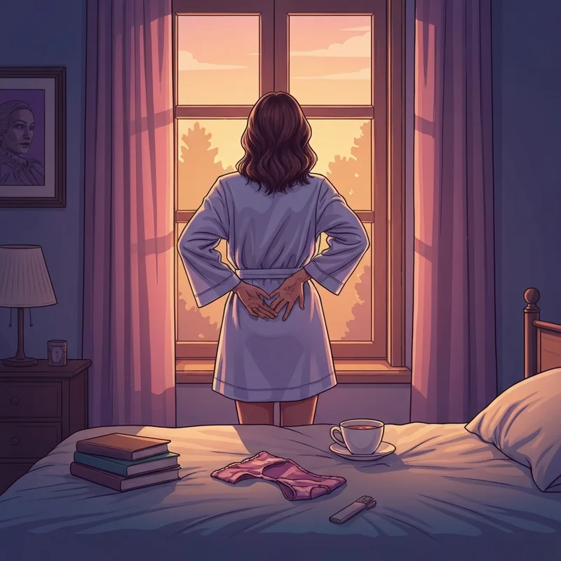 A young woman experiencing the relief of the bra taking off ritual in her cozy bedroom at sunset.