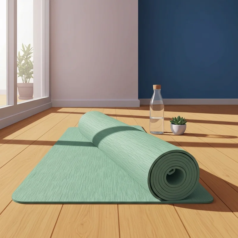A premium sage green natural rubber mat, representing high-quality yoga & pilates mats, unrolled in a sunlit minimalist room.