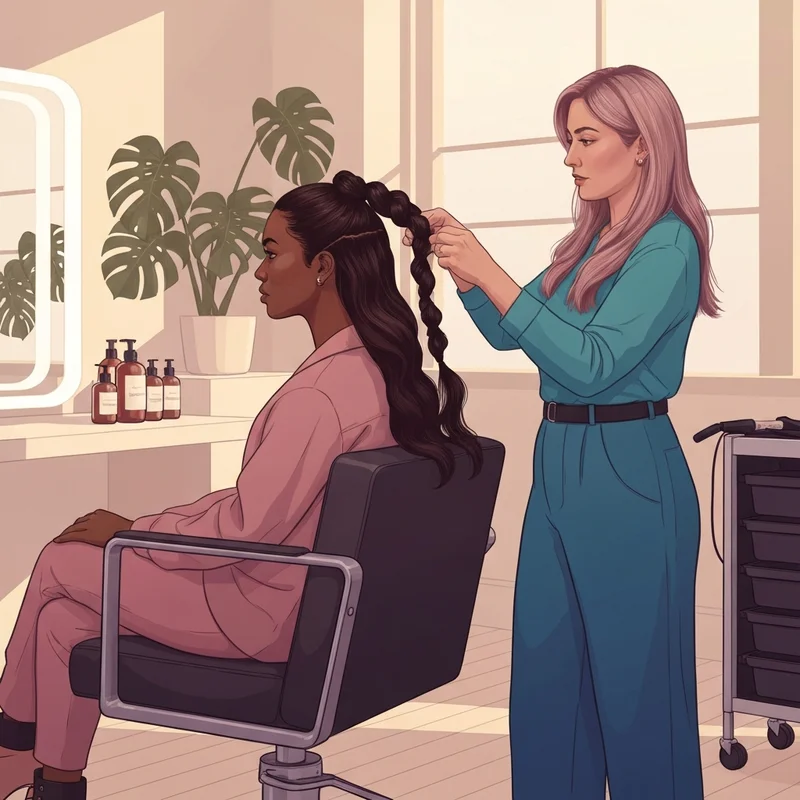 A professional stylist creating a detailed hair style, illustrating the plait vs braid regional terminology difference in a luxury salon setting.