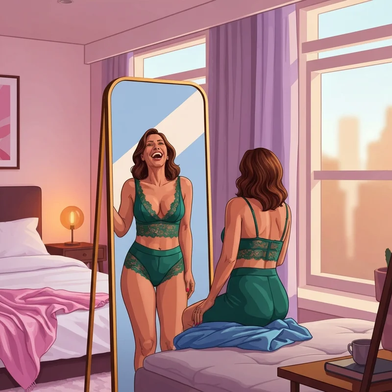 A woman embracing the bra and panty babes aesthetic while looking in a bedroom mirror.
