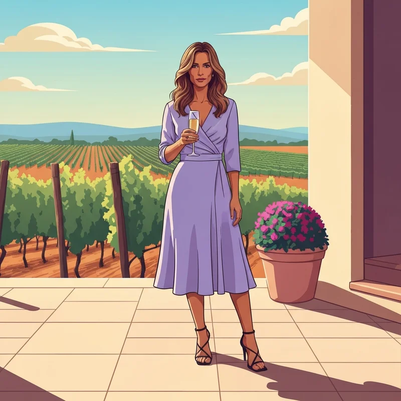 A stylish woman wearing one of the most trendy mid calf wedding guest dresses at a summer vineyard wedding.