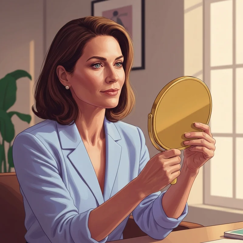 A woman confidently examining her skin while considering the side effects of botox in a natural light setting.