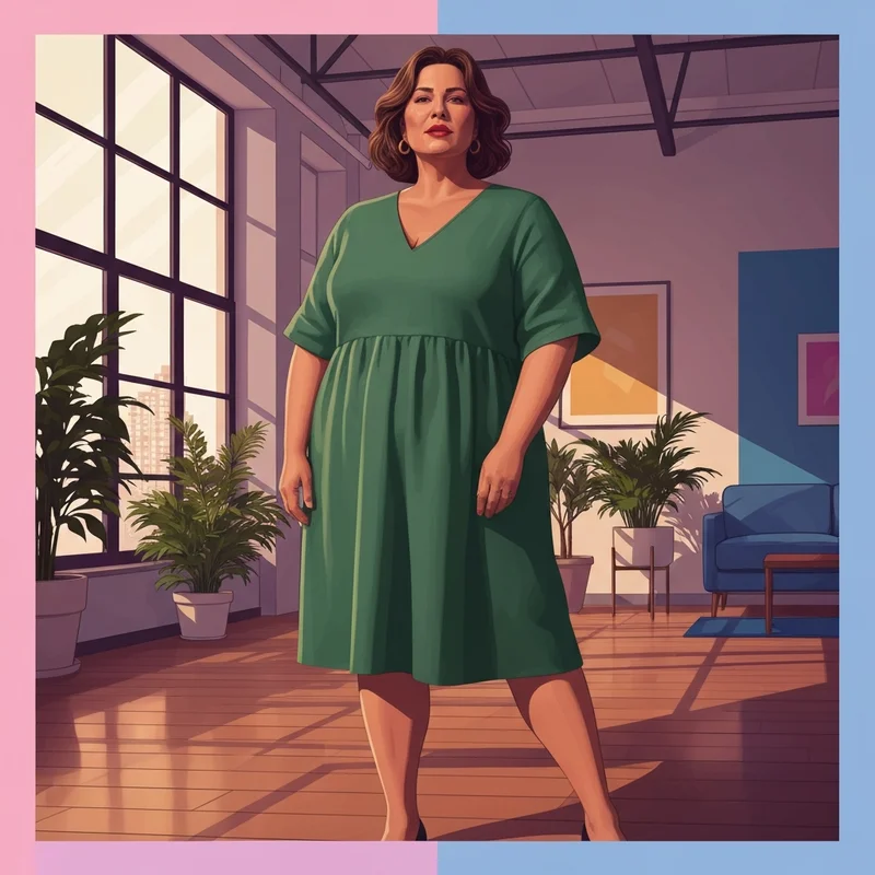 A woman confidently showcasing the natural big tits no bra aesthetic in a stylish linen dress.