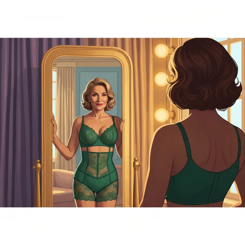 A woman over 50 experiencing the confidence-boosting lift of a support bra for sagging breasts in a luxury dressing room.