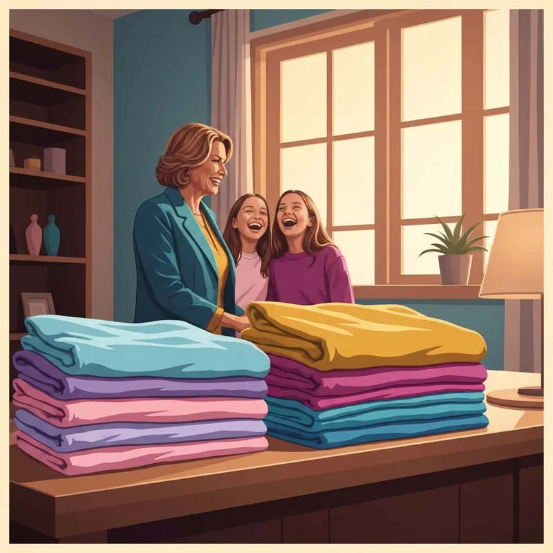 A modern parent and child discussing their first teenage bra in a comfortable home setting.