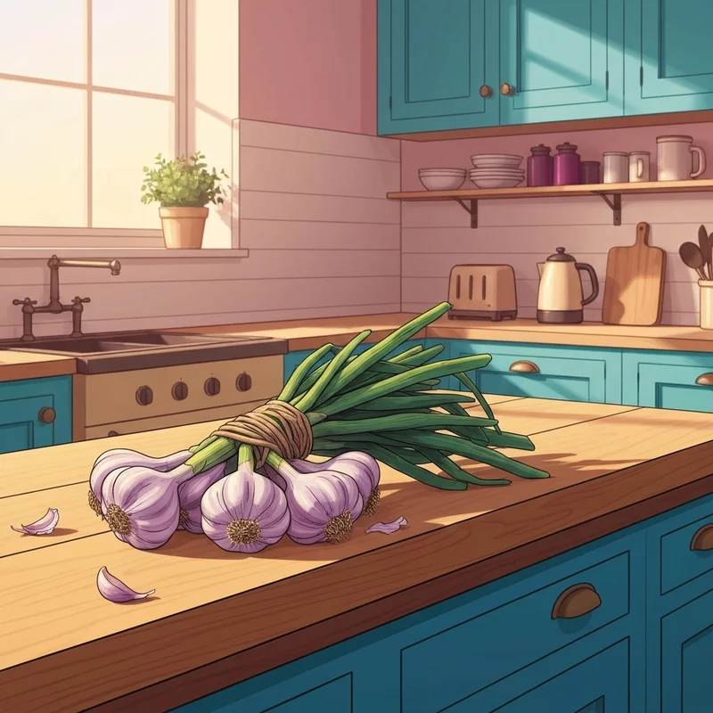 A close-up of hands learning how to braid garlic on a rustic wooden table with garden twine.