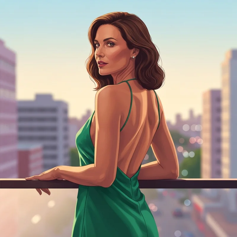 A woman confidently styling boobes without a bra in a backless silk dress.