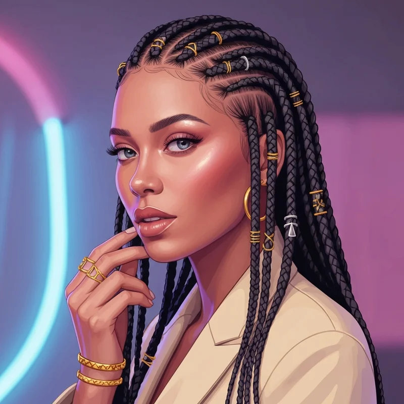 A Gen Z woman with intricate box braids decorated with gold and silver braid accessories in a cinematic studio setting.