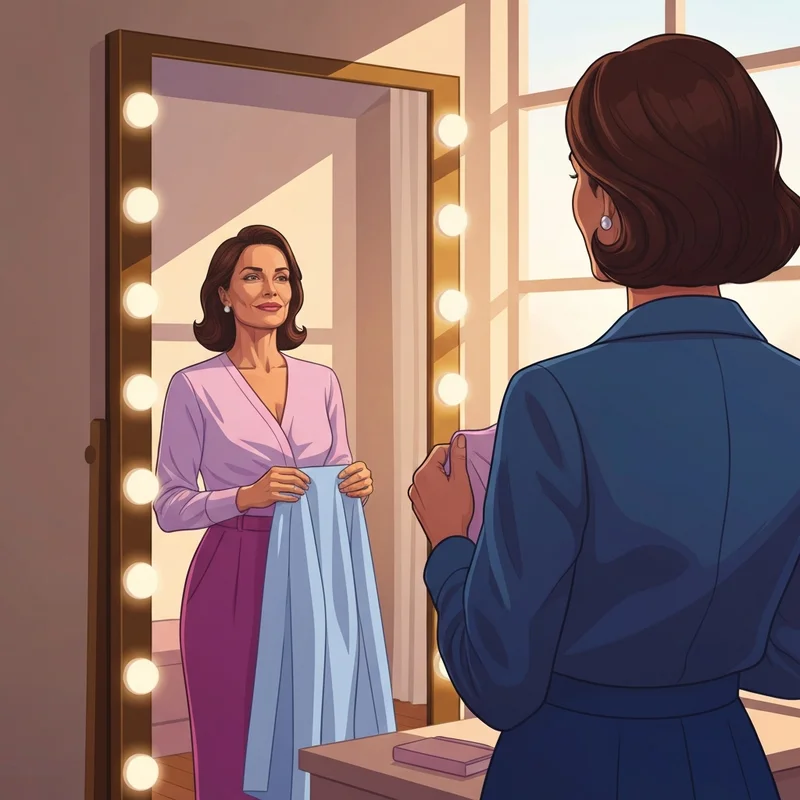 A confident woman evaluating how to tell if a bra fits in a modern dressing room mirror.