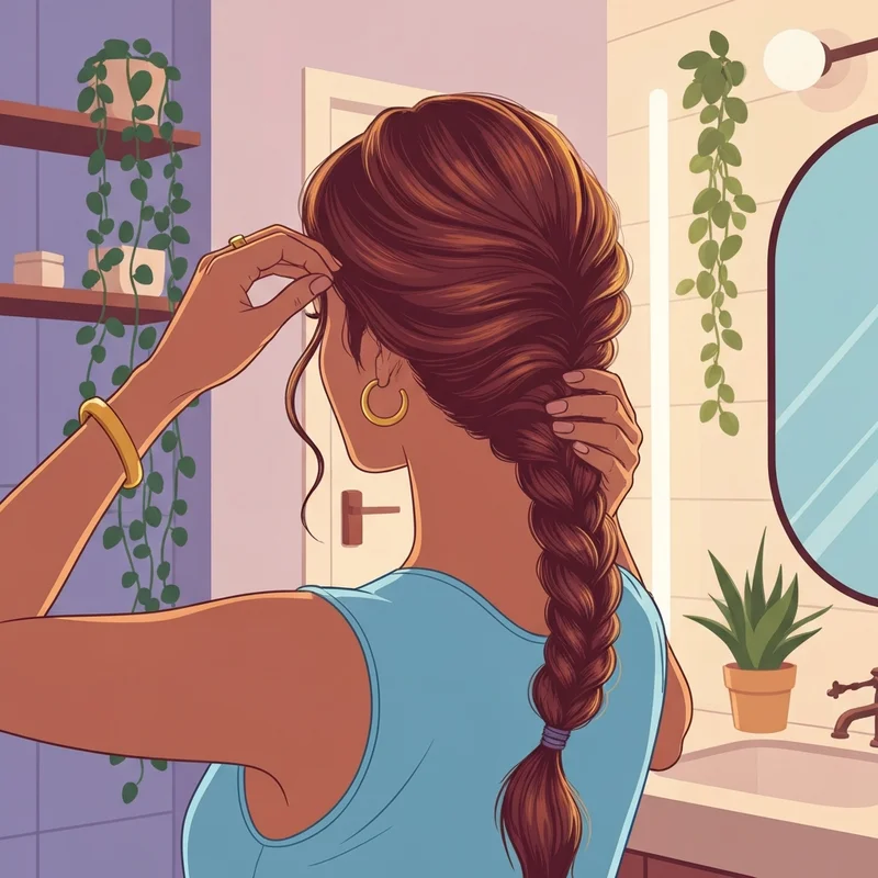 A young woman demonstrating how to do a fishtail braid in a bright aesthetic bathroom.