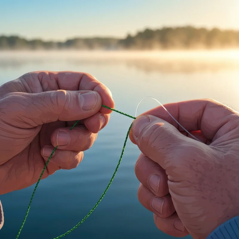 An expert angler's hands meticulously tying braid to mono against a scenic lake background.